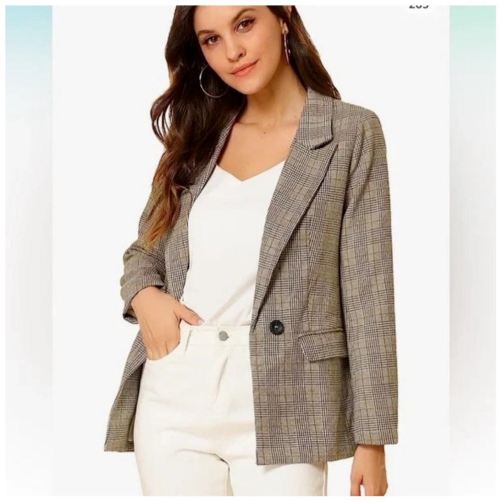 Allegra K Womens Plaid Single Breasted Blazer Notched Lapel Brown Tan Medium NEW